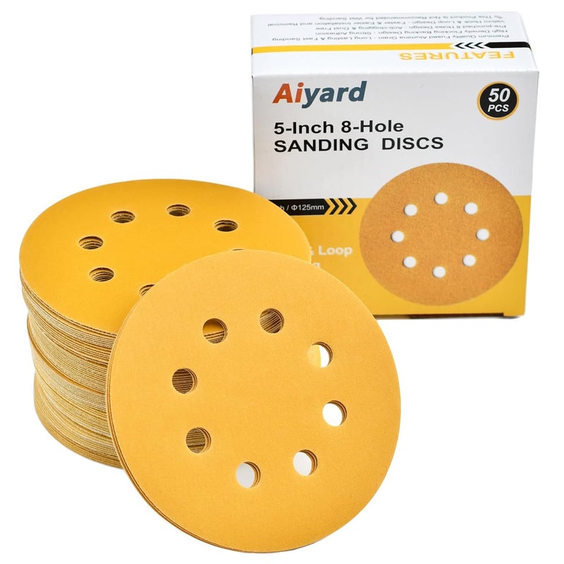 Aiyard 5-Inch 8-Hole Hook and Loop Sanding Discs 320-Grit Random Orbit Sandpaper, 50-Pack - Image 1